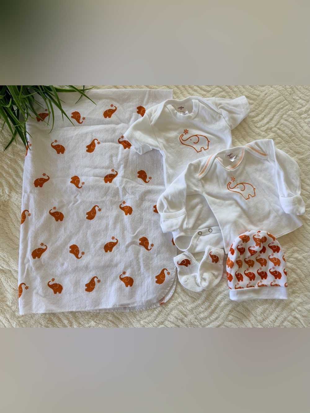 White Baby Essentials Set with Orange Elephant Print - 5 Piece